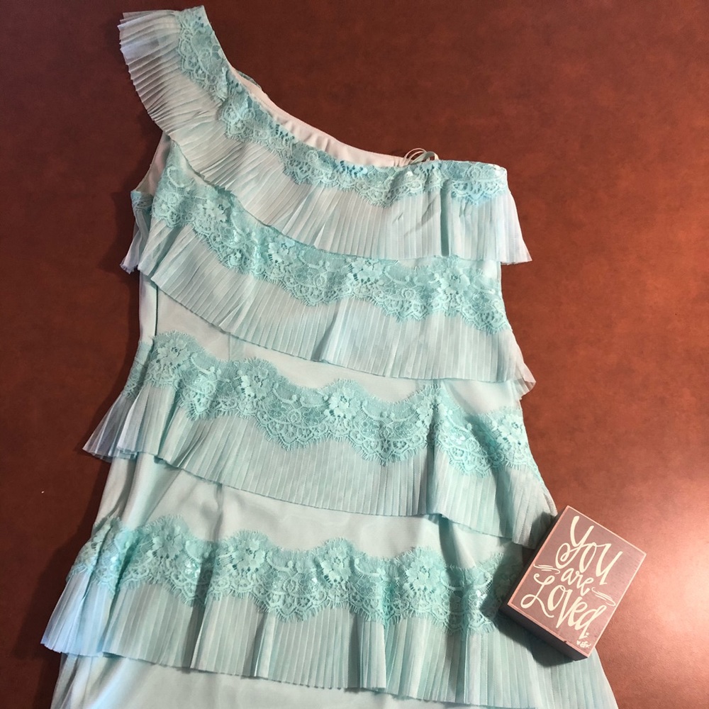 Turquoise One-Shoulder Lace Flapper Dress